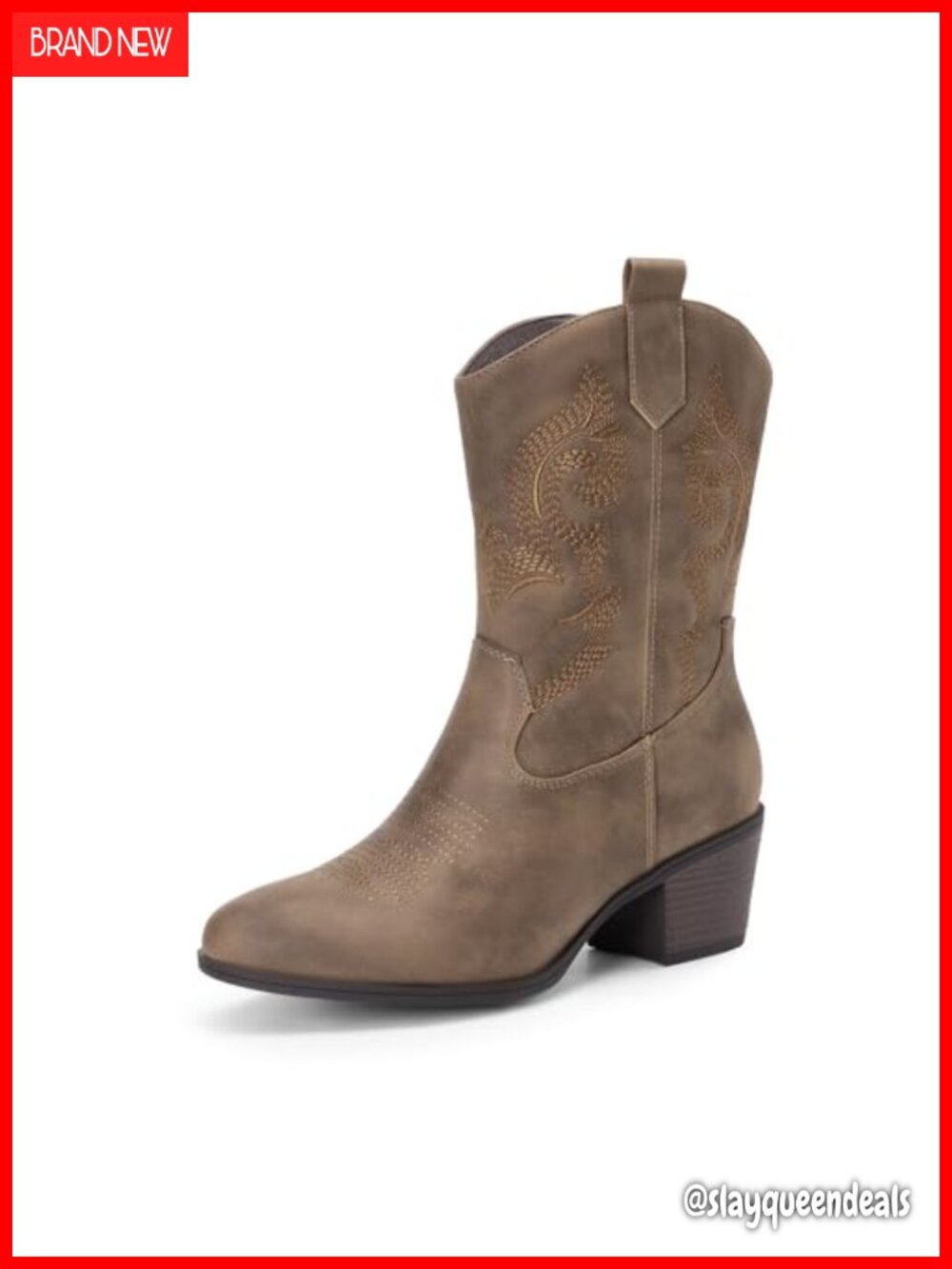 Women's Mid Calf Cowboy Boots Faux Leather Embroidered Western Cuban Heel